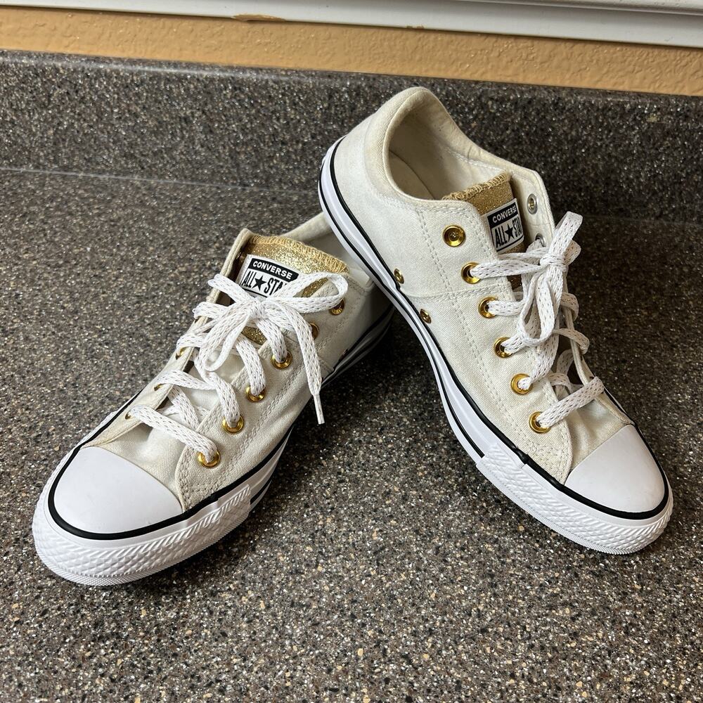 Converse Women Sz 10 Canvas Sneaker Ivory Lace Up Low Padded Tongue Gold Glitter - Picture 3 of 11